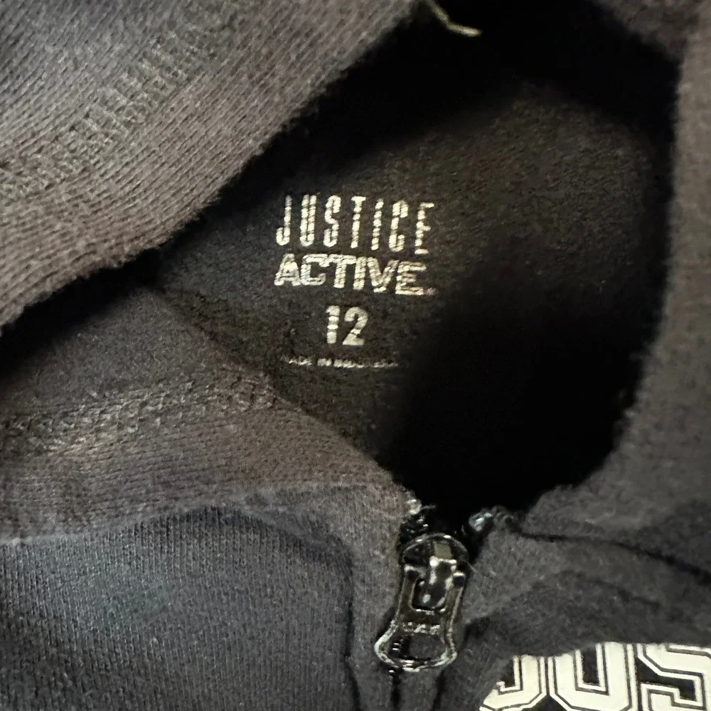 Justice Active Full-Zip Hoodie 12 Black Teal Logo Tape Sleeves